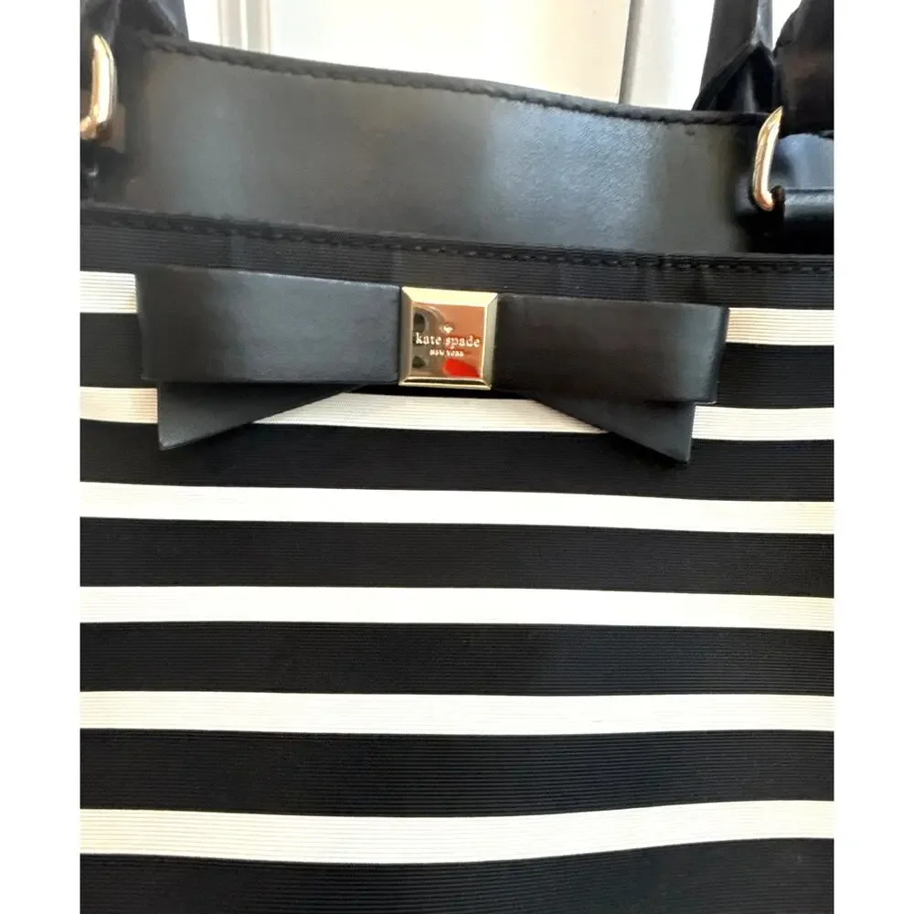 Kate Spade Black Leather with Black and White Striped Shoulder Tote Bag